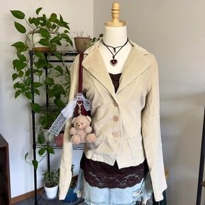 Cream Corduroy Blazer‎ Jacket Women's Large Button Up Fitted Tailored Y2K